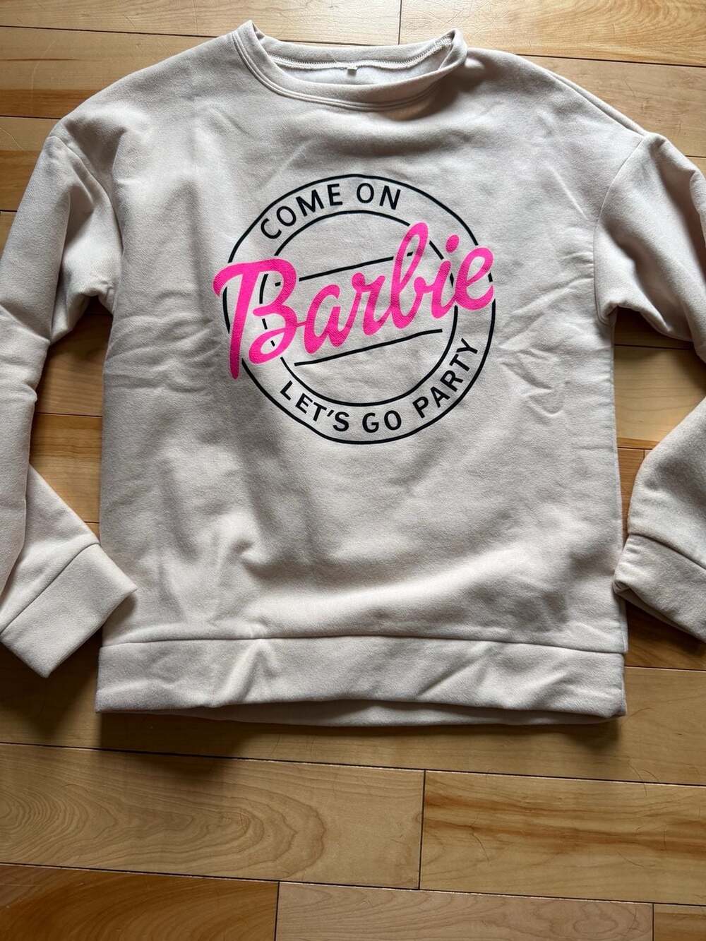 Size M Barbie 'Come On Barbie Let's Go Party' Cream Graphic Crewneck Sweatshirt